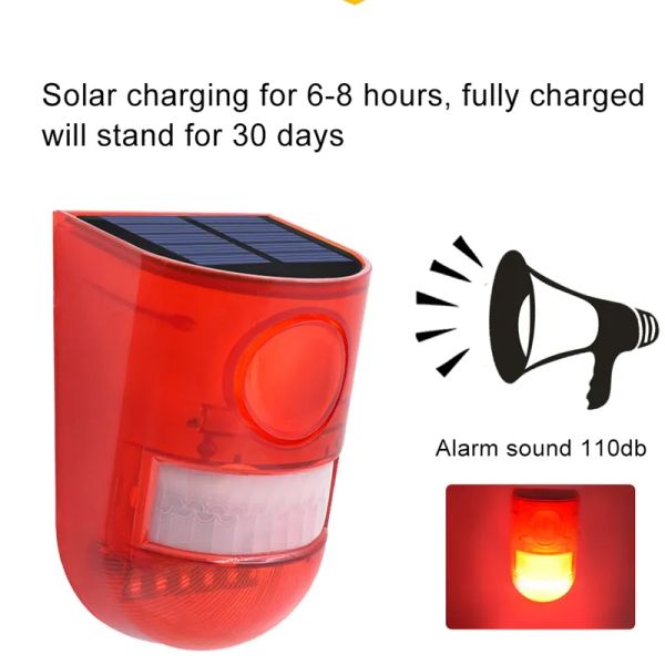 Umlight1688 Alarme sonore solaire alimentée par USB Lumières stroboscopiques clignotantes 6LED Système de sécurité avec capteur de mouvement 12 heures et 24 heures Mode LL