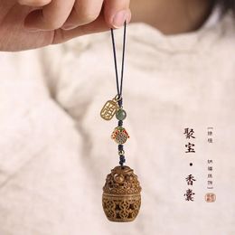 UMQ Green Sandalwood Wooden Cornucopia Moneda de cobre Sachet Hollow Tallado Tallado Mobile Keychain Posting 240424