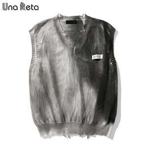 Una Reta Tie Dye Suéter Chaleco Hombres Streetwear Chalecos para hombres V Cuello Jersey Hombres Sin mangas Suéter Agujero Suéter para hombres 211102