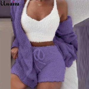 UNAIZA femmes hiver en peluche maison porter décontracté 3 pièces pyjamas à manches longues gilet Shorts costume mode garder au chaud vêtements 210930