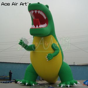 Incroyable modèle animal vert dinosaure gonflable personnage de dessin animé dragon de feux d'artifice avec pistolet à la main pour la fête de promotion