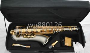 Sans marque Nouvelle arrivée Bb Tenor Saxophone Satin Nickel Silver Body Surface Gold Lacquer KeySax Instrument de musique avec étui Embouchure