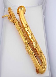 Nuevo saxofón de barítono sin marca Lacquer Gold Gold puede personalizar el logotipo Instrumentos de saxofón e Saxo plano con boquilla lienzo Cas5931296