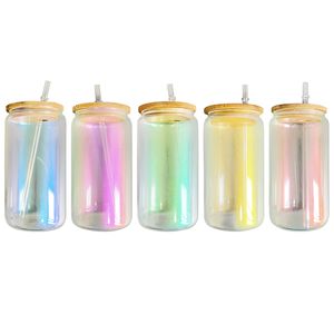 Incassable magnifique borosilicate 20oz sublimation vide irisée arc-en-ciel paillettes à cinq couleurs mixtes verres à boire avec couvercle de bambou et paille