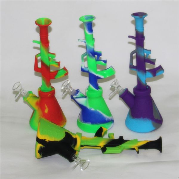 Incassable shisha narguilé forme de pistolet ak47 conduites d'eau portable silicone bong tabac pipe avec bol commun de 14mm