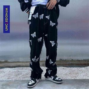 UNCLEDONJM Butterfly Men's BF Harajuku Fashion Brand Hip-hop denim noir biker Jeans pantalon de designer T2-B165 210331