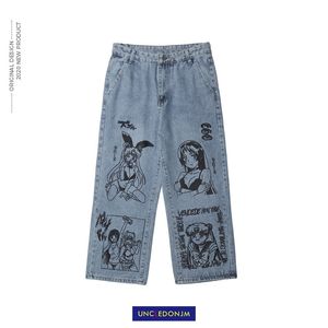 Unceledonjm cartoon gedrukt jeans heren bf harajuku mode merk straat casual mode graffiti losse blauwe jeans N1163 201117