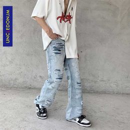 Uncledonjm High Street Ripped Jeans Hip Hop geplooid Flare Broek voor Mannen KPOP Kleding Denim E083 211108