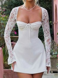 Robe de créateur non définie marque robes décontractées robe fête femme élégante luxe rose en dentelle longue courte fleur basique split sexy slim ajustement pour l'automne