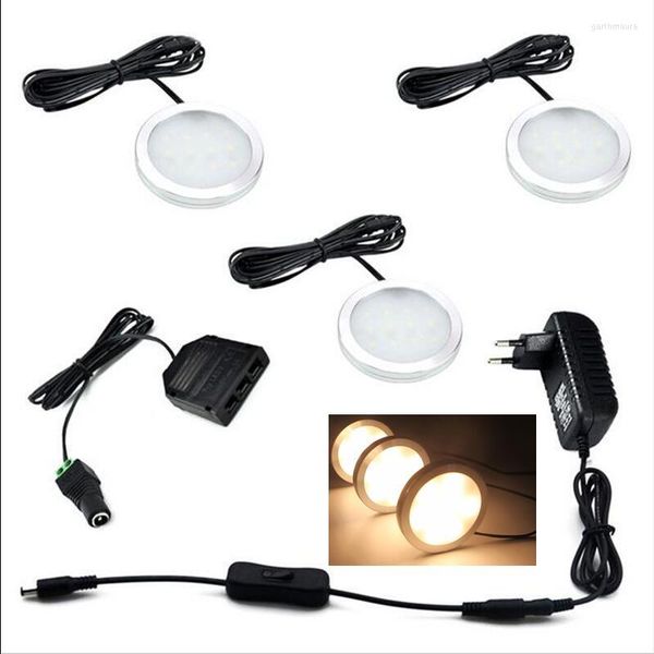 Sous l'armoire LED rondelle lumières avec interrupteur 3 pièces de lampes Kit 12V US/EU/UK adaptateur pour cuisine comptoir placard éclairage d'accent