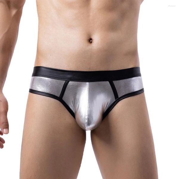 Calzoncillos 1 unid de cuero de imitación de los hombres calzoncillos de aspecto mojado cintura baja suspensorio bolsa bragas lencería sexy ropa interior pantalones cortos masculinos