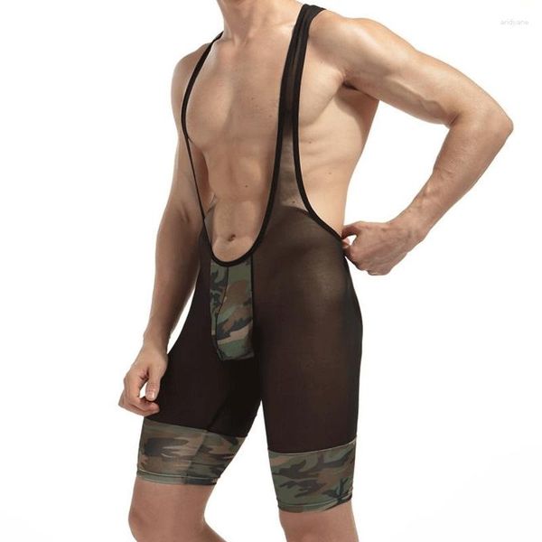 Slip 2023 Hommes One-piece Wrestling Suit Soft Camouflage Mesh Maillot de bain Angle plat Façonnage en forme de T Arc Sans manches Col rond Gilet