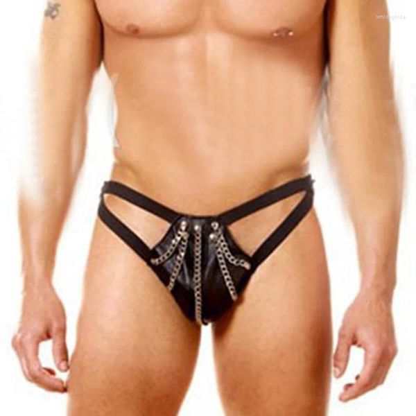 Calzoncillos 2024 Moda Sexy Masculino Cuero de imitación Tanga Anillos de cintura baja Bragas para hombres Personalidad Cadena fresca