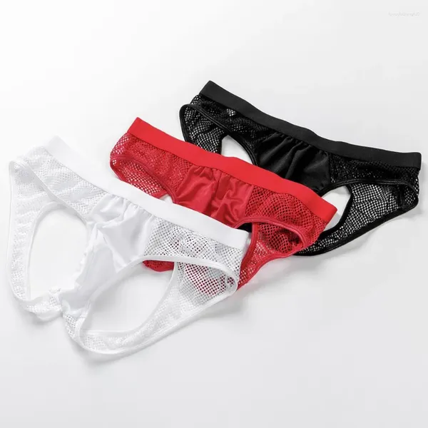 Sous-vêtements 2024 Hommes Fesses creuses String Résille Mesh Voir à travers la poche Crotchless Slips sans dos U Sous-vêtements de pénis convexe