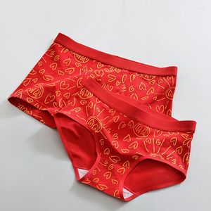 Calzoncillos 2 unids parejas amantes ropa interior sexy suave algodón hombres boxeador mujeres bragas año rojo estampado pantalones cortos transpirables