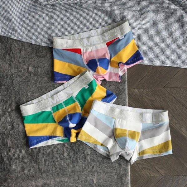 Calzoncillos 3 unids / lote ropa interior de color para hombres coloridos boxeadores cortos jóvenes transpirables sexy y lindo estampado a rayas