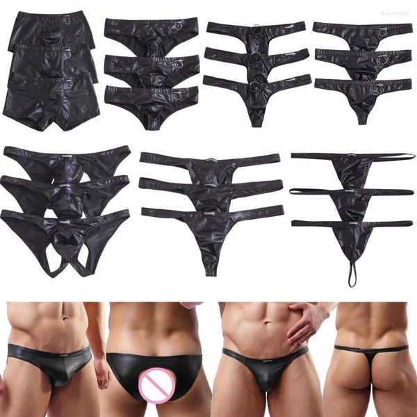 Calzoncillos 3pcs/Lotes Sexy Mens Underwear G-Strings Jockstrap PU Leather tanga Bikini Resumen T Back Back Thongs L￡tex Tangas