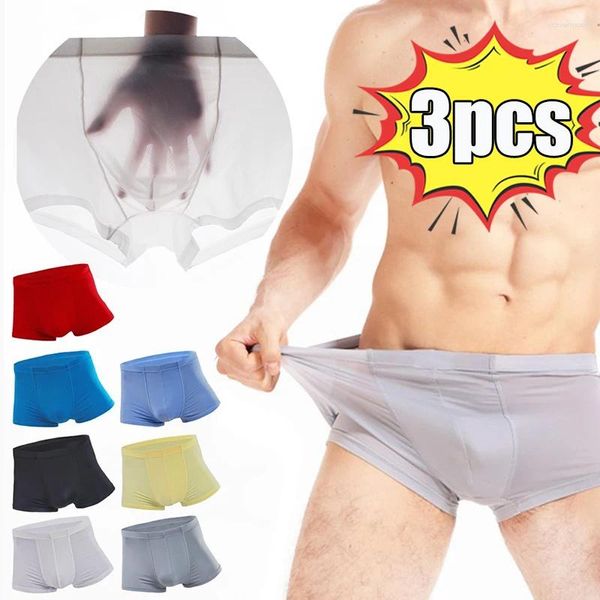 Sous-vêtements 3pcs / Set Sous-vêtements en soie de glace pour hommes 3D Transparent Sexy Boy Boxer Shorts Homme Culotte sans couture respirante Couleur unie