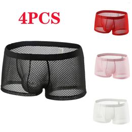 Caleçon 4 pièces hommes mode Sexy évider sous-vêtements solide maille Boxer respirant quotidien accessoires cadeau pour amoureux