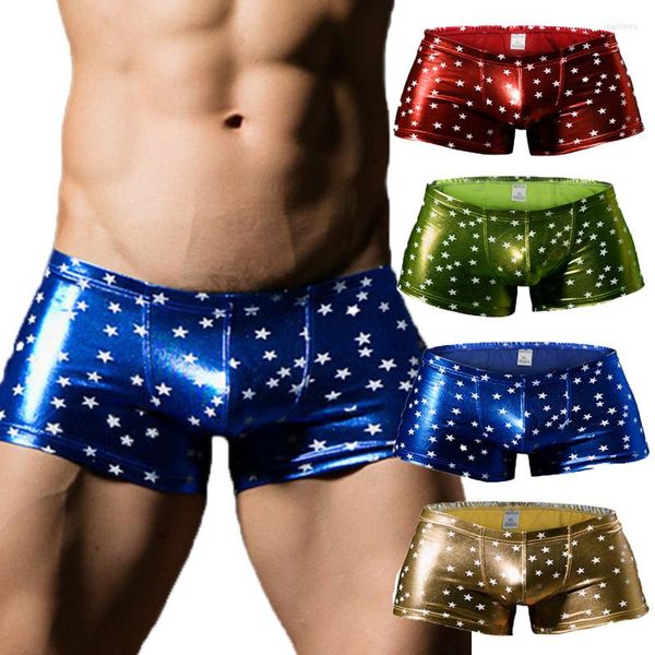 Calzoncillos 4 Uds. Calzoncillos bóxer para hombre de cuero PU sin costura bolsa para pene ropa interior Sexy impreso Boxershorts lencería Clubwear bañadores bragas Gay