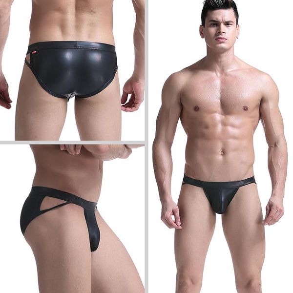 Caleçon AIIOU Gay Sexy sous-vêtements Jockstrap noir Faux cuir Pu tongs hommes taille basse pénis poche culotte Gym slips