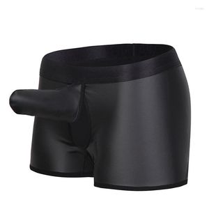 Caleçon AIIOU hommes sous-vêtements noir Faux cuir PU Gay hommes boxeurs Shorts Sexy éléphant nez poche mâle culotte Cueca