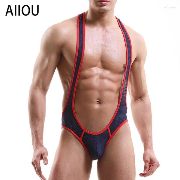 Sous-vêtements AIIOU Sexy Hommes Sous-vêtements Combinaison One Piece Costumes Lutte Singlet T-Back Ouvert BuPouch Body Exotique Doux Undershirt