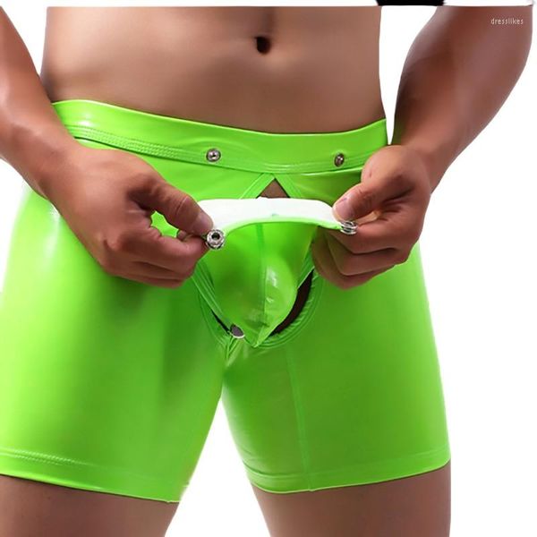 Calzoncillos sin espalda, ropa interior sexy para hombres, frente abierto, calzoncillos bóxer eróticos para hombres, bragas largas de cuero, bolsa para pene, Boxershorts con agujero en la entrepierna