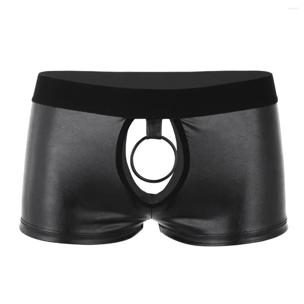 Sous-vêtements noirs hommes lingerie doux faux cuir découpé taille basse boxer sous-vêtements avec joint torique en métal