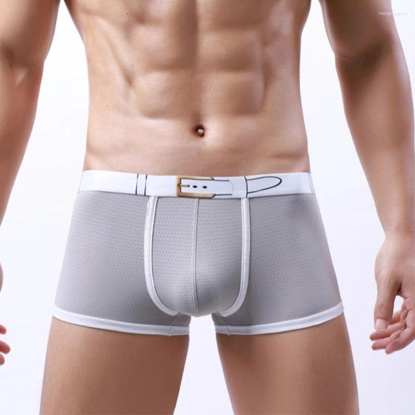 Calzoncillos Boxer para hombre, ropa interior de malla transpirable, bolsa abultada, pantalones cortos sexis, pene convexo en U, bragas grandes, Boxershorts