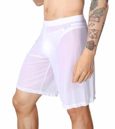 Sous-pants Boxer Shorts Men sous-vêtements Sexe Mesh Sleep Bottoms Pyjama Long Gay Sissy Transparent Cute Pagetes U Pouche blanc5792713