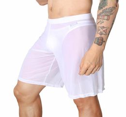 Sous-pants Boxer Shorts Men sous-vêtements Sexe Mesh Sleep Bottoms Pyjama Long Gay Sissy Transparent Cute Pague U Pouche blanc3200518