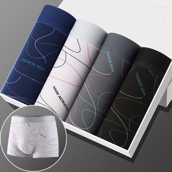 Calzoncillos bóxer para hombre, bragas convexas en U con estampado de líneas, pantalones cortos cómodos de algodón transpirable, ropa interior sólida para hombre, lencería de talla grande