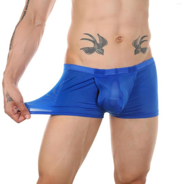 Calzoncillos de marca para hombre, ropa interior de malla, bóxer Sexy transparente con abertura lateral en la entrepierna, bañadores transparentes, calzoncillos cortos con bolsa para pene, bragas