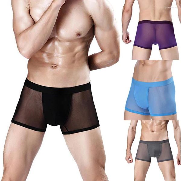 Sous -fants marque Mesh Transparent Sexy Men Underwear Boxer Fitness Soufflent Breathable Rapide Funny U Fonction Casual Flat Souswears