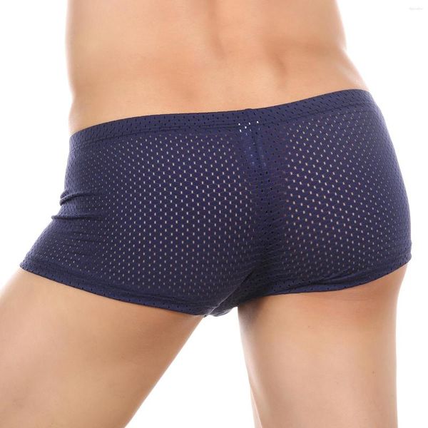 Calzoncillos de marca para hombre, ropa interior Sexy, Boxer transparente de malla, pantalones cortos, bolsa para pene, lencería hueca, bragas masculinas transparentes, Boxershorts