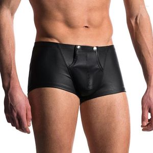 Onderbroek Casual Men Boxer Shorts Black Pu Leather Underwear Soft Button Penis Pouch Gay Nightwear