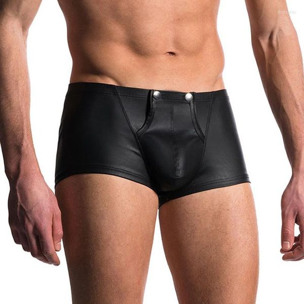 Caleçon Casual Hommes Boxer Shorts Noir PU Sous-Vêtements En Cuir Doux Bouton Pénis Poche Gay Vêtements De Nuit