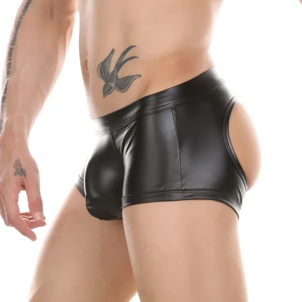 Calzoncillos CLEVER-MENMODE Boxers para hombres Ropa interior de cuero sintético Aspecto mojado Bragas sexy Abierto BuG String Nalgas Boxershorts Club