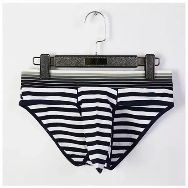 Calzoncillos de algodón para hombre, ropa interior a rayas, calzoncillos de separación, tronco, bulto, bolsa para pene, elástico, pene grande, lencería Sexy Gay