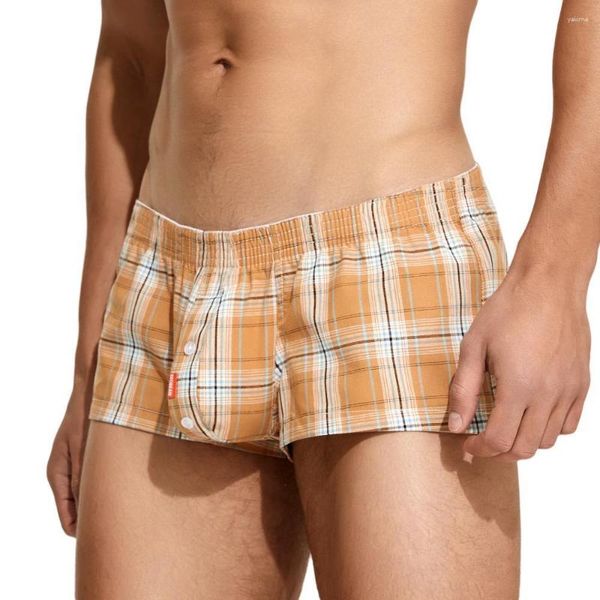 Calzoncillos de algodón a cuadros para Hombre, calzoncillos tipo bóxer con bolsa convexa en U, Boxers, pijamas, pantalones para dormir, Ropa Interior para Hombre