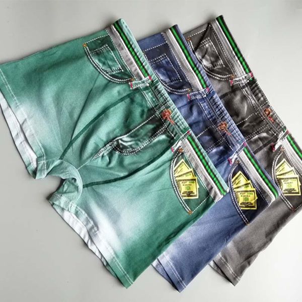 Calzoncillos Ropa interior de algodón Hombres Sexy Denim Short Boxers Hombre Transpirable Bolsa Jeans Impreso Bikini Traje de baño Hombre Joven