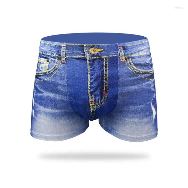 Calzoncillos Denim Impreso Ropa interior para hombres Algodón Tridimensional Cintura media Sexy Boxer Pantalones Transpirable