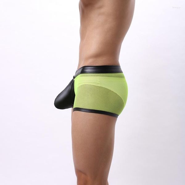 Caleçon Est maille PU cuir Sexy hommes sous-vêtements boxeurs ouvert entrejambe Boxer hommes U convexe taille basse mâle