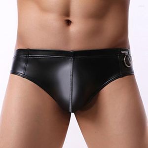 Onderbroek est sexy heren ondergoed faux lederen boxers shorts hoep slip heren briefs mannen slipje gay lingerie