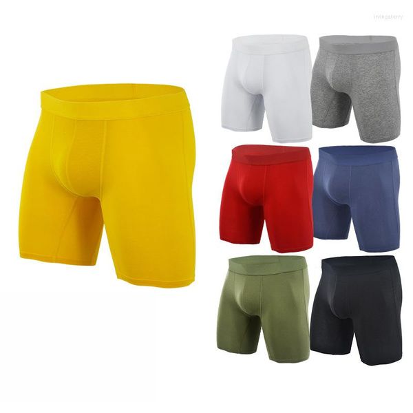 Calzoncillos Boxers largos a la moda, ropa interior para hombre, Boxershorts de algodón, bragas deportivas de Color sólido, Boxer con bolsa convexa en U para hombre