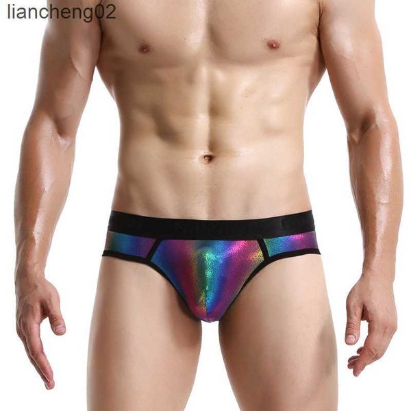 Calzoncillos Moda Hombre Rainbow Shiny Nylon Briefs Bulge Penis Pouch Hombres Sexy Ropa interior divertida Gay Hombre Novedad Jockstrap Bragas Lencería W0412