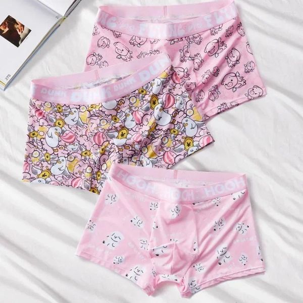 Calzoncillos Boxers de diseño rosa a la moda para hombre, pantalones cortos de talla grande, cintura media, calzoncillos elásticos para hombre, bragas sin costuras de seda helada