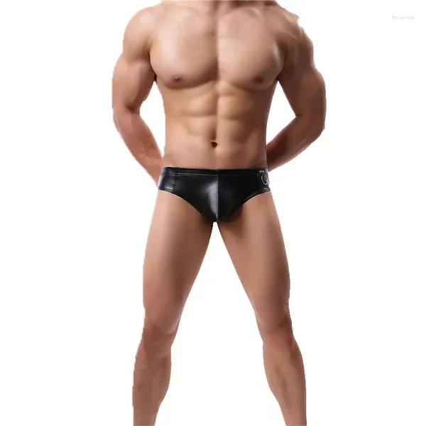 Sous-vêtements Faux Cuir Noir Hommes Mini Argent Bague En Métal Décoration Scène Spectacle Sous-Vêtements Mâle Shorts Sexy Boxers