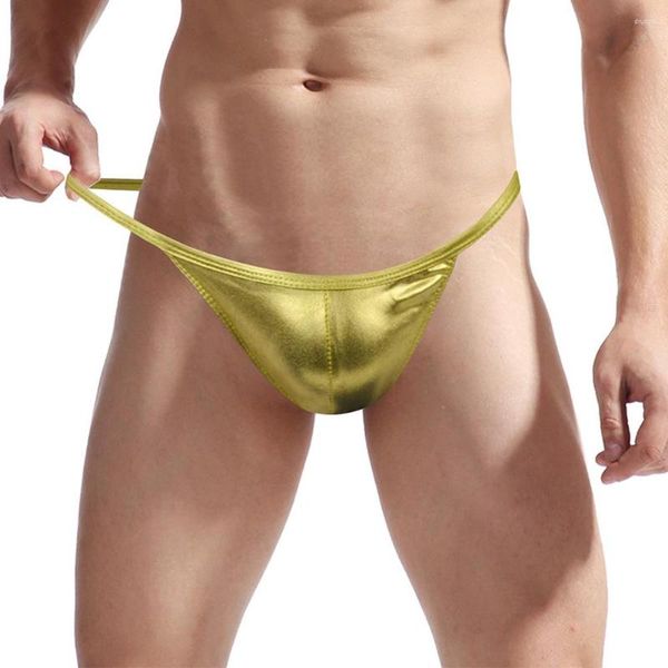 Calzoncillos de piel sintética para hombre, calzoncillos de talle bajo, ropa interior invisible sin costuras, Tanga Sexy, Bikini, Tanga, bragas con bulto de escroto